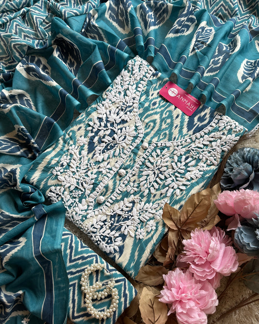 Ikkat print chikan neck soft cotton suit set