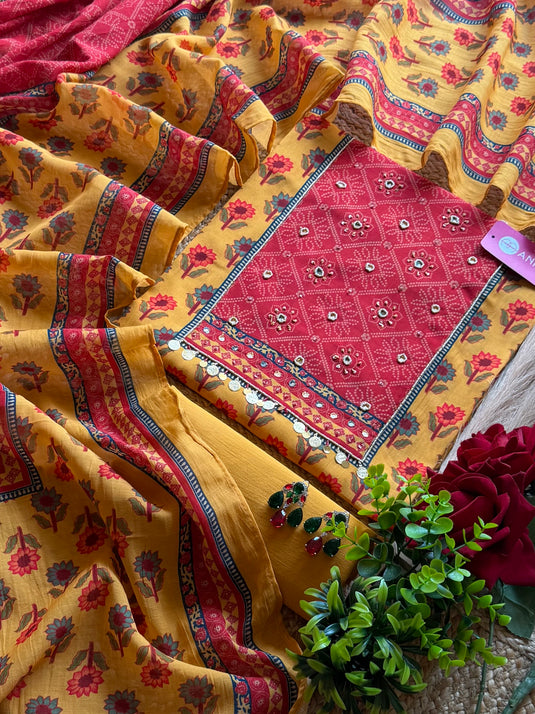 Floral Bandhani fusion mul cotton suit set