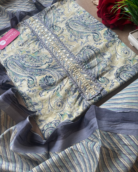 Cambric cotton ambi print suit set with cotton stripes dupatta