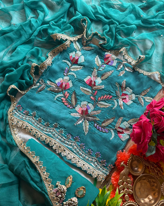Coloured seaquins work embroidered glass organza suit set