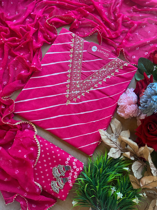 Lehria cotton v neck suit with bandhani chiffon dupatta