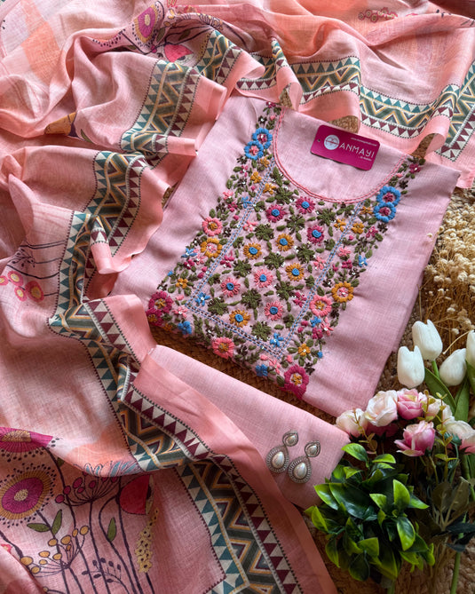 Fine linen French knot garden neck suit set