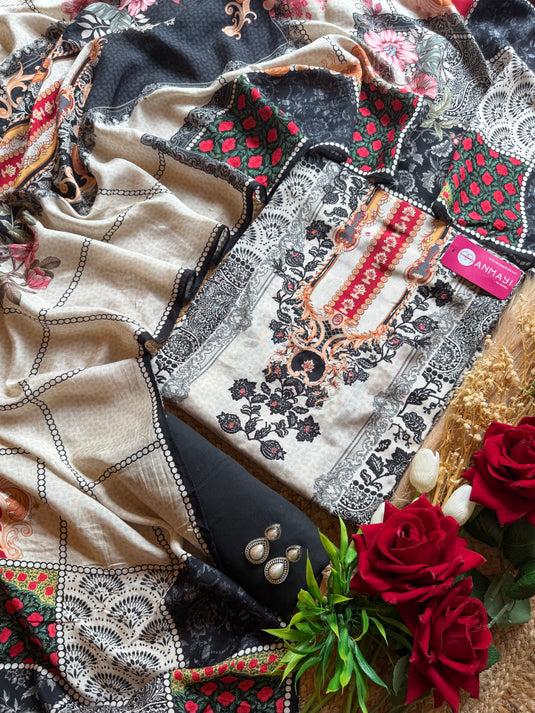 Arabic print coloured soft muslin suit set