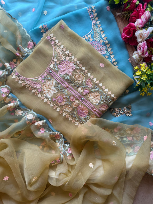 Chiffon coloured aari work suit set