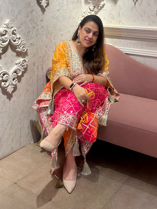 Shaded Bandhani tassel pure crepe gotta work kaftans