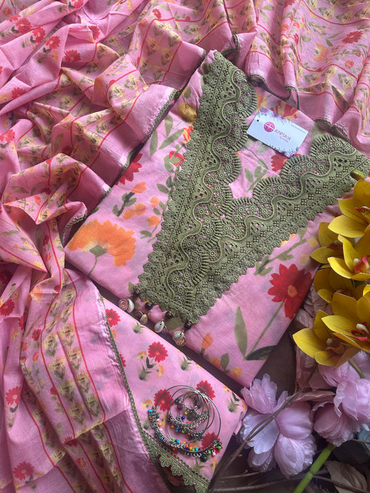 Crochet work pure cotton floral suit set with cotton dupattas