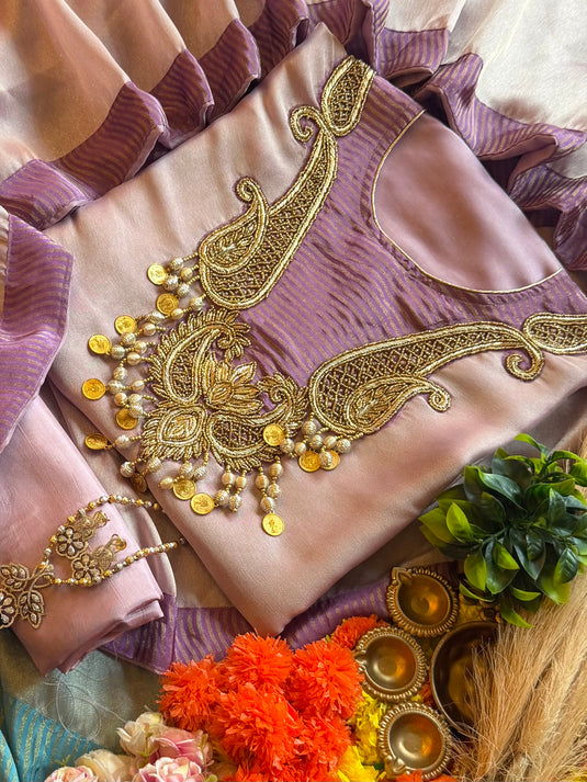 Coin work shimmer silk suit set