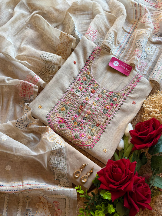 Pure Jamdani Silk French Knot Work Suit Set