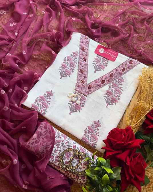 Block printed V neck suit set with chiffon bandhani dupatta