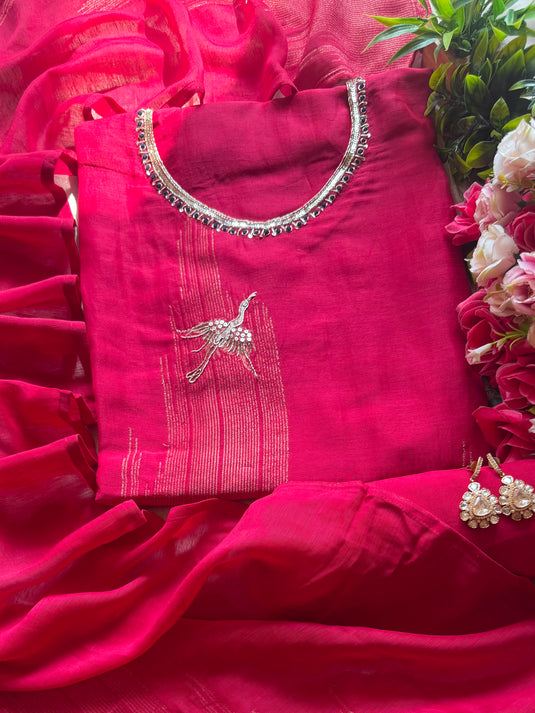 Embroidered flamingo cotton silk suit set with step Banarasi weave