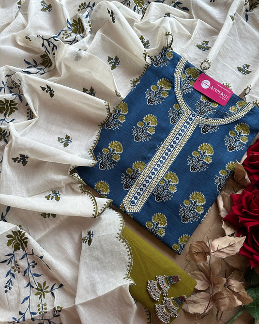 Block print combination suit set with embroidered cotton silk dupatta