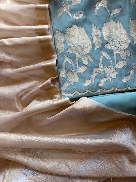 Patched gold Mul Chanderi suit set with tissue dupatta