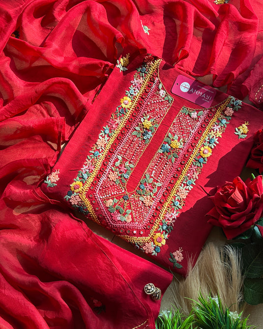 Pure raw silk French knot work suit with organza dupatta