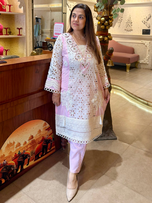 Hakooba cotton mirror V neck pink white coord set