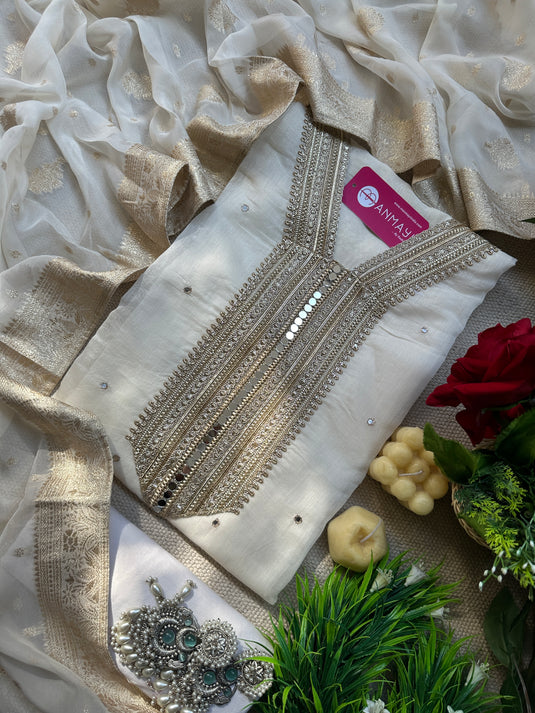 Ivory mul Cotton mirror lace detailing work