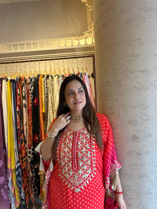 Bandhani ombré gotta work kaftan set with tassels