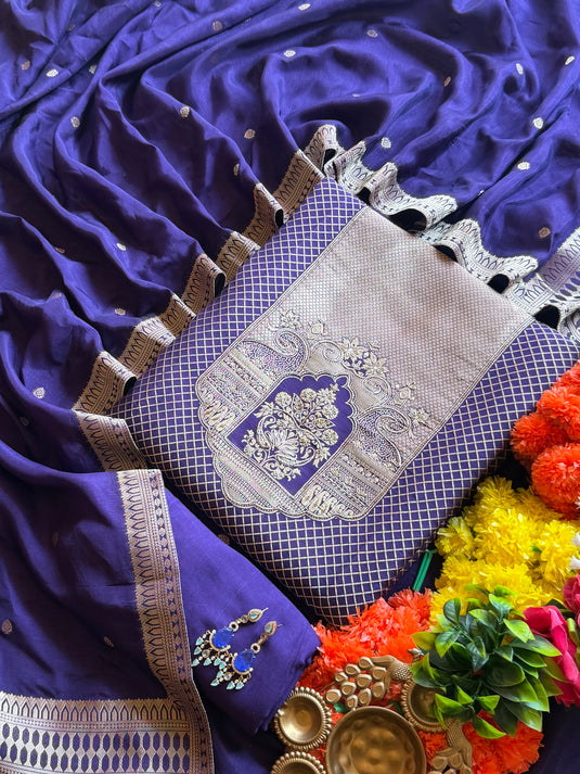 Kanjivaram temple cross work silk suit set