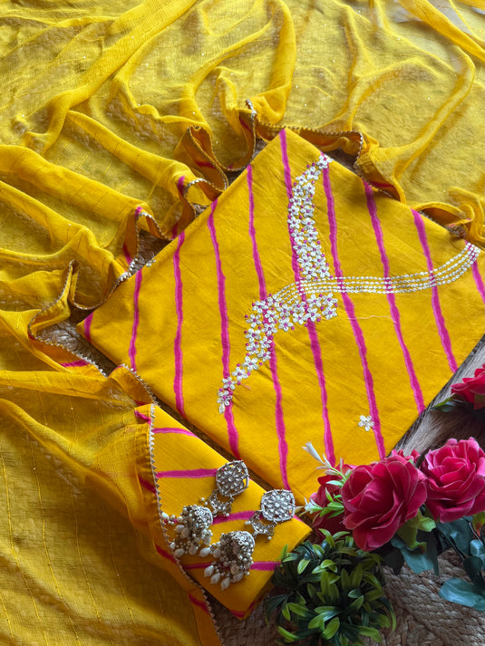 Jewelled pita neck pure cotton lehria print suits with chiffon highlights dupatta