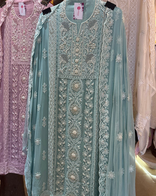 Embellished pearl chiknakari pure georgette suit set