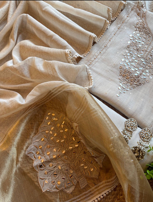 Paper mirror gold border ivory Jamdani suit set