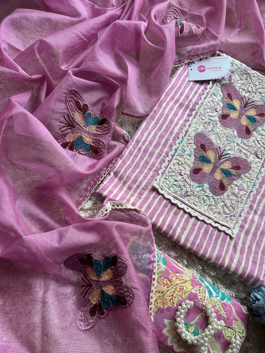 Butterfly motif printed cambric cotton suit set