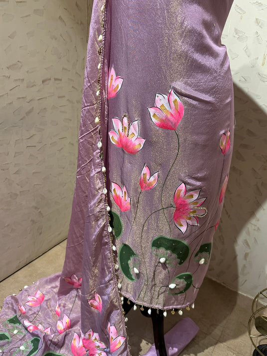 Handpaint Pichwai suit set with shells and lace details