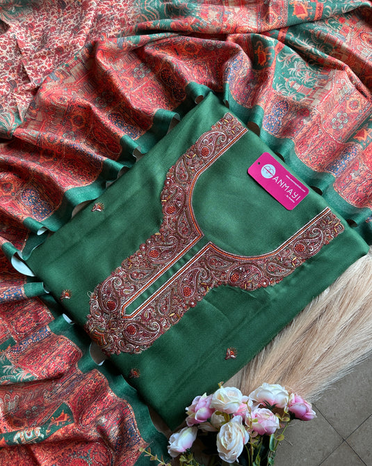 Aari work woollen suit set with highlighted