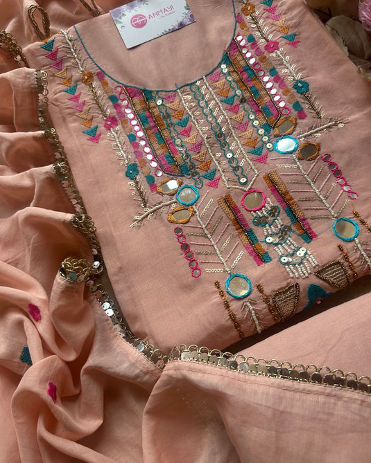 Boho looks mirror work mul chanderi suit set