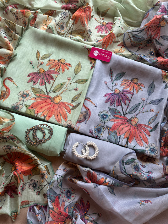 Pastel soft chanderi swan print suit set with knot work details