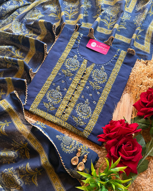 Cambric cotton festive suit set with highlights flower neck