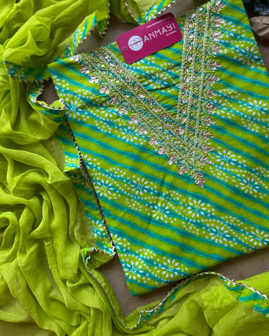 Pure cotton lehria print suit set with gotta v neck and pure chiffon dupatta