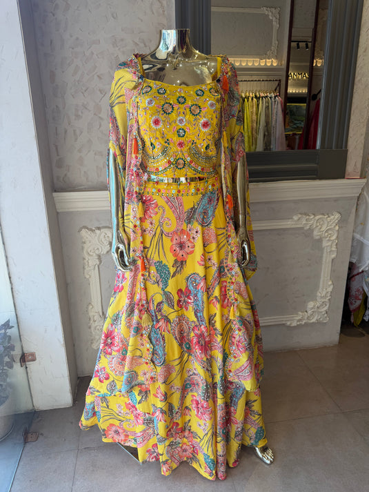Yellow 3 pcs Haldi dress with embroidered choli, skirt and drape