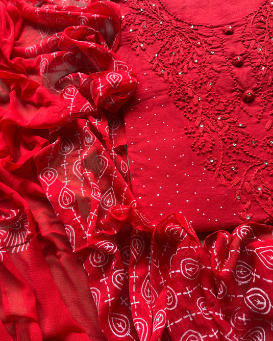 Pure cotton lucknawi neck suit set with pure chiffon dupatta