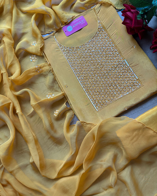 Shimmer tissue embroidered seaquins neck suit set with organza stole