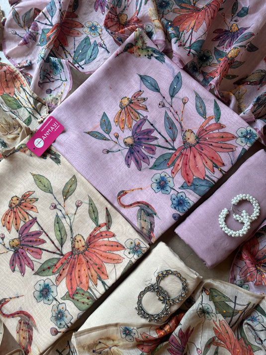 Pastel soft chanderi swan print suit set with knot work details