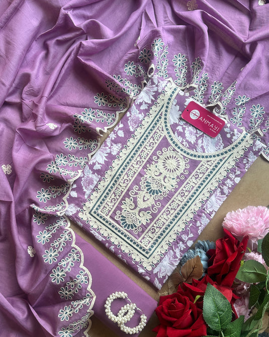 Printed cambric cotton white Dori work suit set