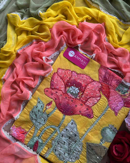 Bright festive printed cotton suit with highlights and tricolour dupatta