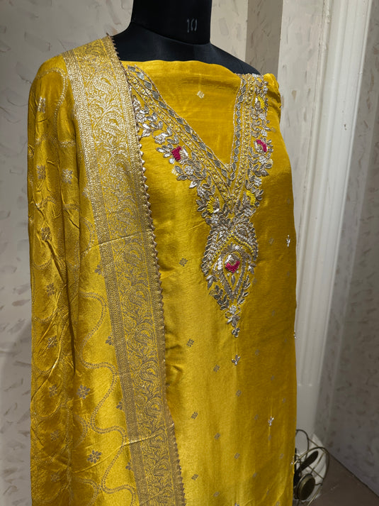 Banarasi dolla silk v neck pita work suit set