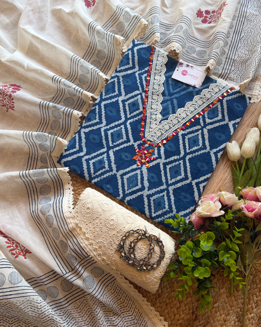 Indigo batik mirror neck pure cotton suit set