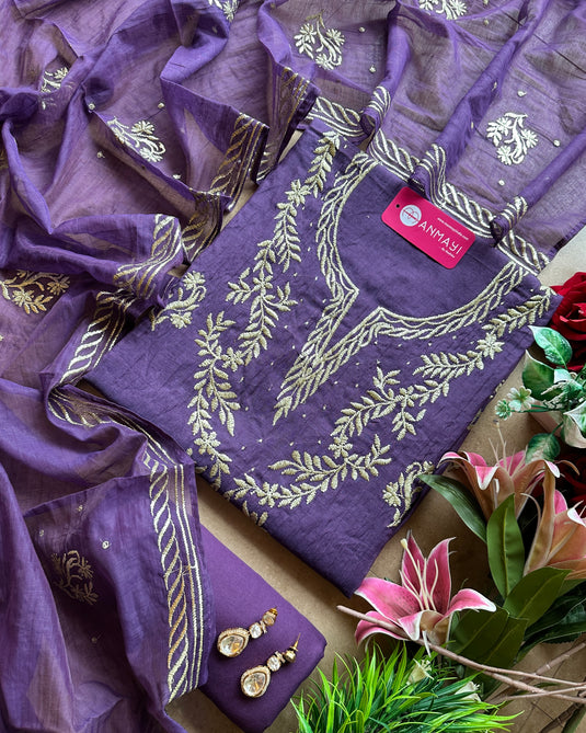 Anarkali pita work festive Mul Chanderi suit set