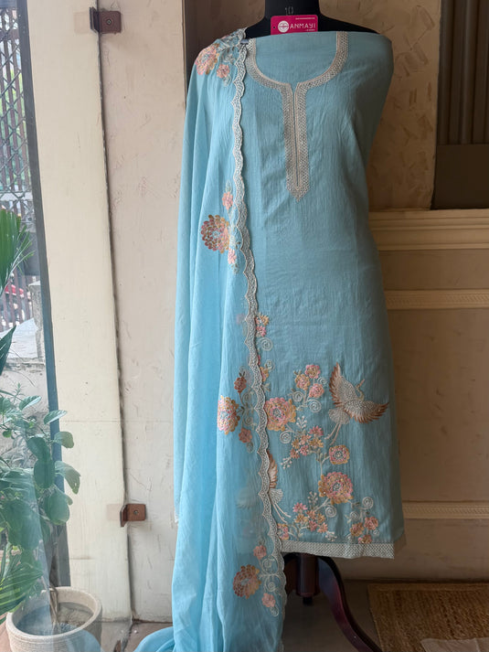 Crown crane festive Dori work Mul Chanderi suit set