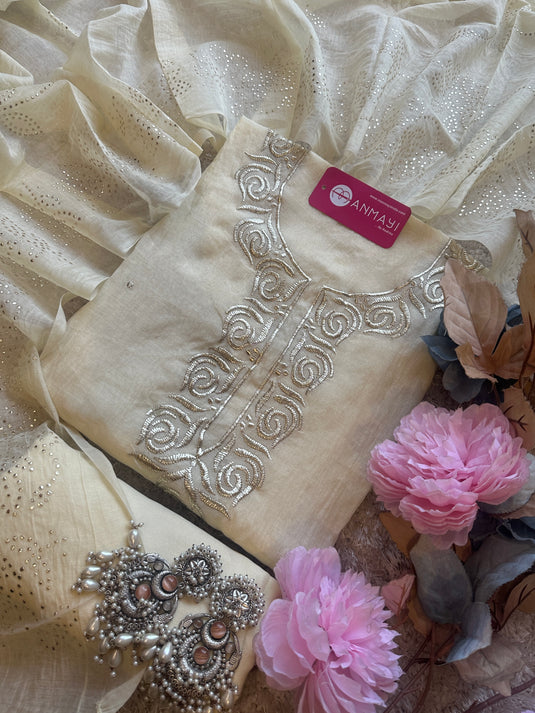 Pita Work mul chanderi pastel suit set by