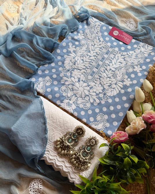 Chikankari neck polka dots suit set with chiffon crochet dupatta