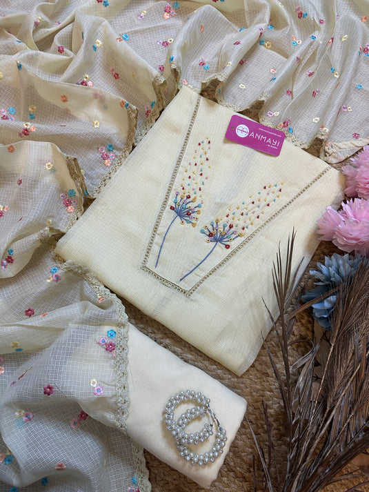 Coloured Pearls neck Kota Doria suit with garden dupatta