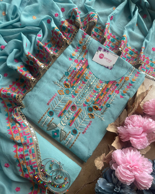 Boho looks mirror work mul chanderi suit set