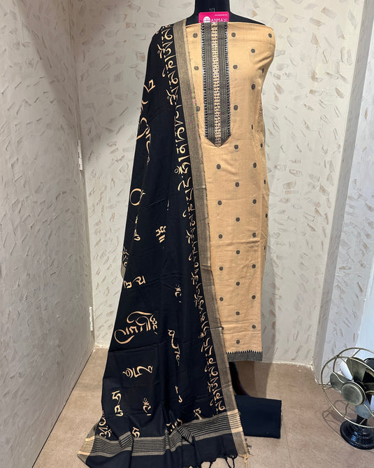 Soft handloom cotton beige black suit with Tibet print dupatta