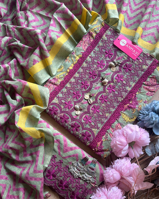 Embroidered shell neck printed pure cotton suit with crochet details