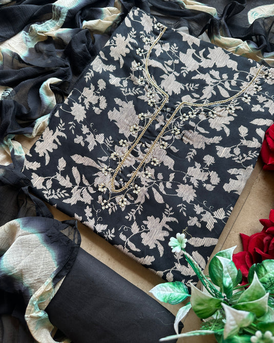 Printed cotton dori neck suit set with shaded chiffon dupatta