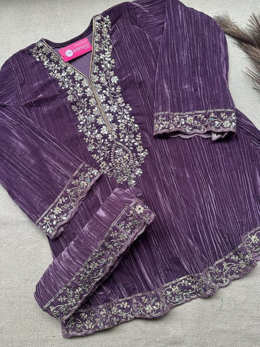 Crushed velvet Pakistani coord sets with Dori and mirror details