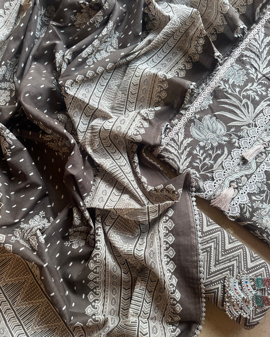 Cocoa brown cambric cotton suit set with tassel neck